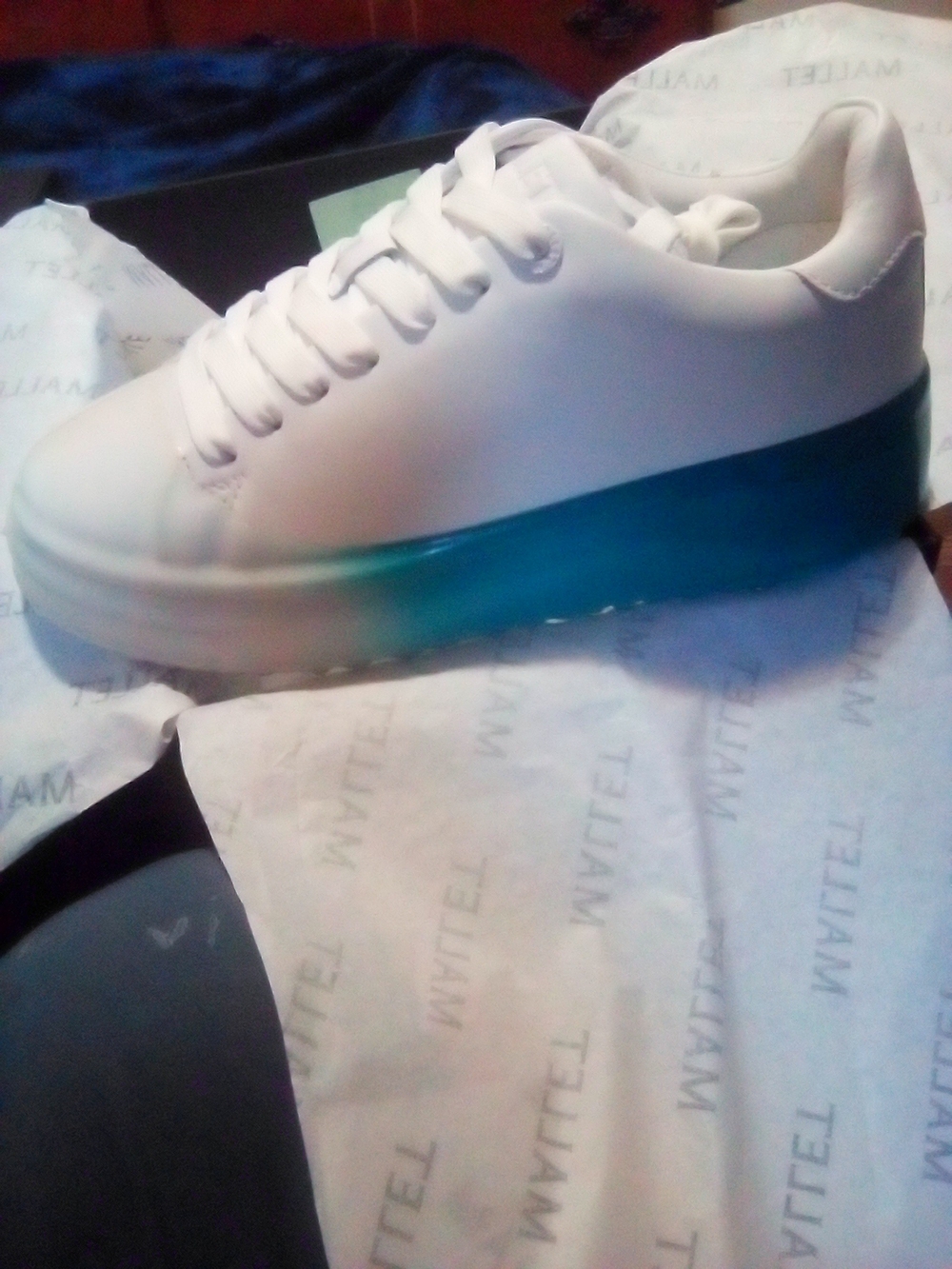 London's Mallet Women’s designer shoes with Teal Gradient Sole